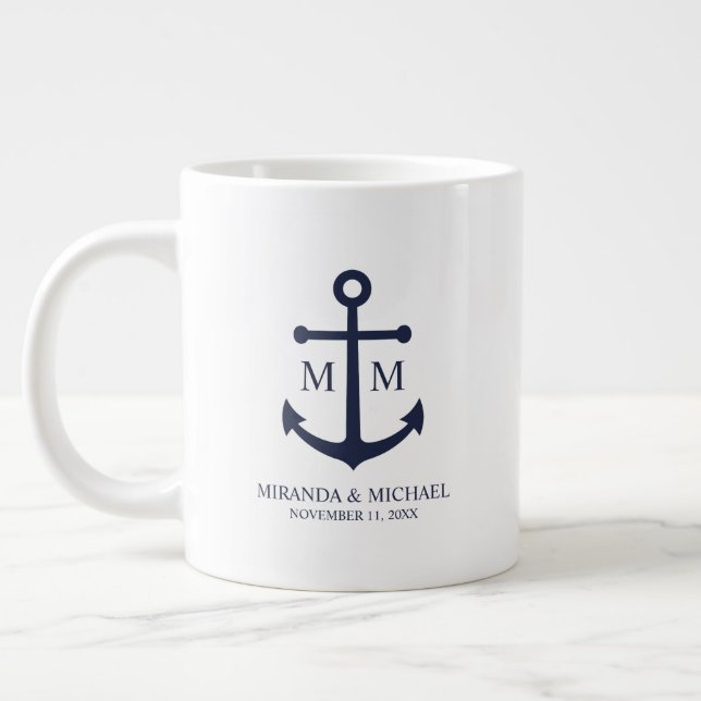 Caneca De Café Grande Nautical Navy Blue Anchor Wedding (Esquerda)