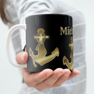 Caneca De Café Grande Nome do Monograma Anchor Náutico Dourado Preto e F