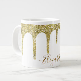 Caneca De Café Grande Nome do Monograma da Glitter Dourada Elegante