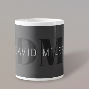 Caneca De Café Grande Nome e Monograma Editáveis Moderno Cinza Escuro &