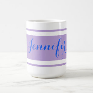 Caneca De Café Grande Nome em Letra Azul, Listras Lavanda em Bran