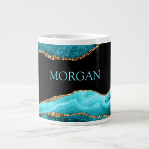 Caneca De Café Grande Nome em Verde-azulado sobre Ágata Preta, Dourada e
