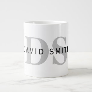 Caneca De Café Grande Nome Moderno & Monograma Branco Preto & Cinza