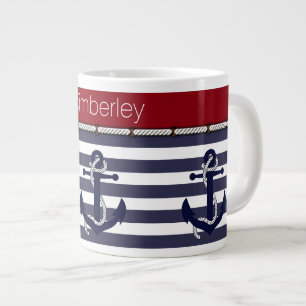Caneca De Café Grande Nome Personalizado Âncoras Náuticas Padrão Listras