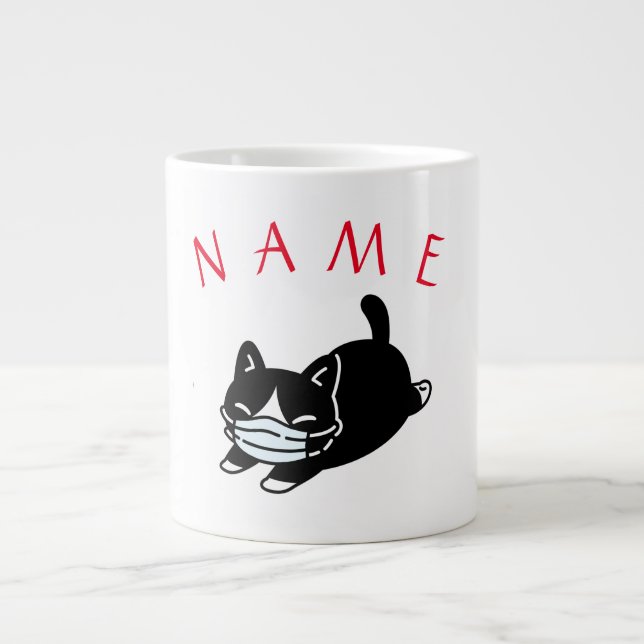 Caneca De Café Grande NOME PERSONALIZADO CAT VESTINDO MÁSCARA JUMBO Mug (Frente)