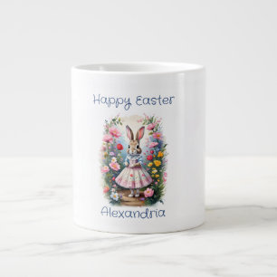 Caneca De Café Grande Nome Personalizado Coelho de Páscoa flores Feliz P