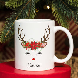 Caneca De Café Grande Nome Personalizado da Reinador de Natal Floral