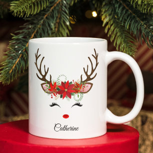 Caneca De Café Grande Nome Personalizado da Reinador de Natal Floral