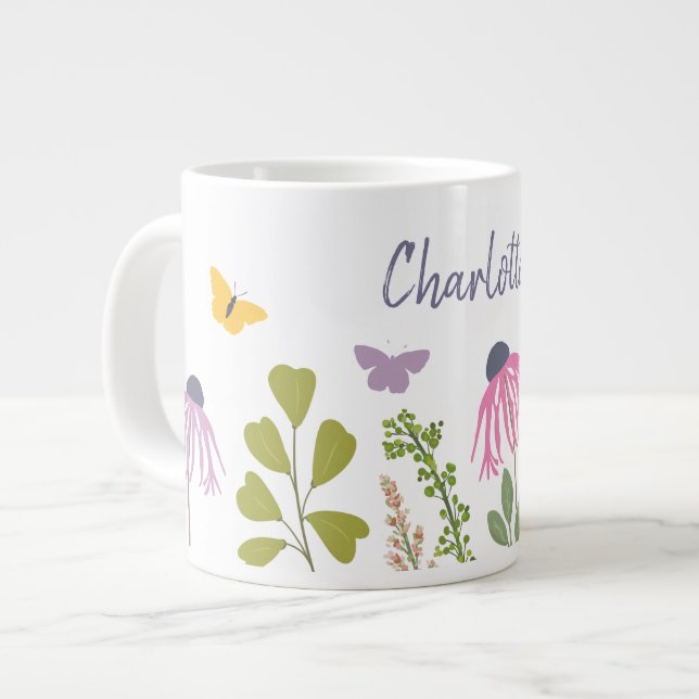 Caneca De Café Grande Nome Personalizado das Flores de Jardim e Borbolet (Frente Esquerda)