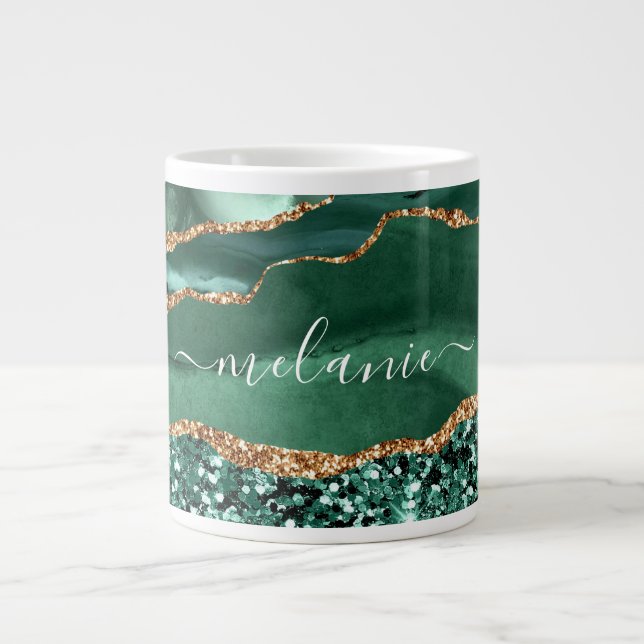 Caneca De Café Grande Nome Personalizado de Agate Green Dourado Glitter  (Frente)