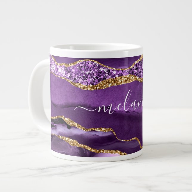 Caneca De Café Grande Nome Personalizado de Geodo Glitter Dourado Violet (Frente Esquerda)