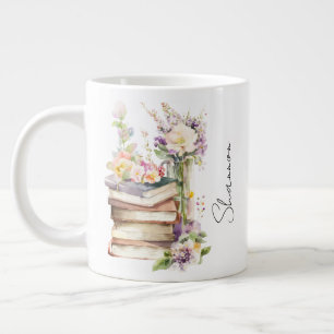 Caneca De Café Grande Nome Personalizado Floral Livro Amante