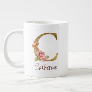 Caneca De Café Grande Nome Personalizado Folha de Ouro Blush Rosas Rosa 