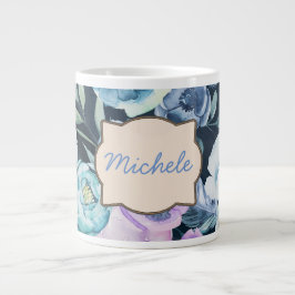 Caneca De Café Grande Nome Personalizado Fundo Azul Floral