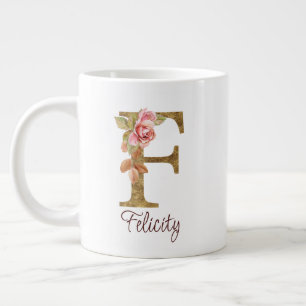 Caneca De Café Grande Nome Personalizado Letra F Folha Dourada Rosas Ros
