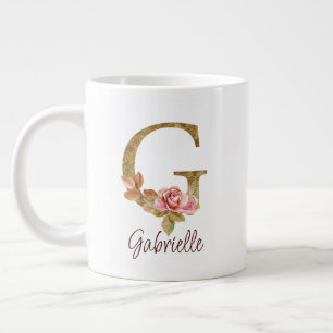 Caneca De Café Grande Nome Personalizado Letra G Folha Dourada Rosas Ros