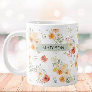 Caneca De Café Grande Nome Personalizado Padrão Floral Ensolarado Aquare