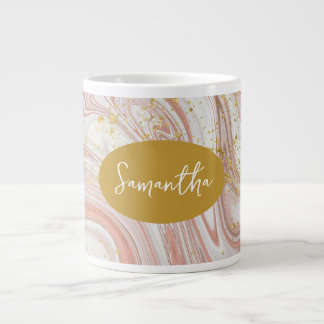 Caneca De Café Grande Nome Personalizado Rosa Marmoreado e Dourado Femin