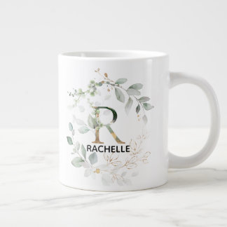 Caneca De Café Grande Nome R Inicial Alfabeto Monograma Greenery Wreath