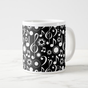 Caneca De Café Grande Notas e Clefs de Música - Branco em Preto