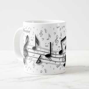 Caneca De Café Grande Notas musicais de preto e cinza personalizadas