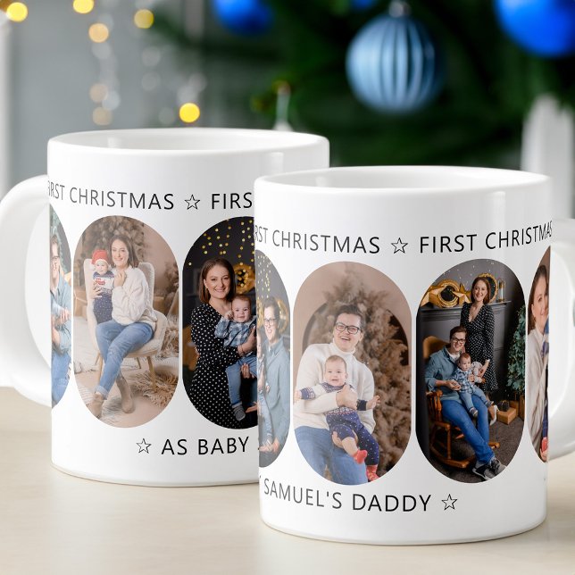 Caneca De Café Grande Novo papai Primeiro Natal 6 Foto Arredondada Lozen (Believe in Magic first christmas with new baby 5 photo mug  Rounded Lozenge Photo Collage collection)