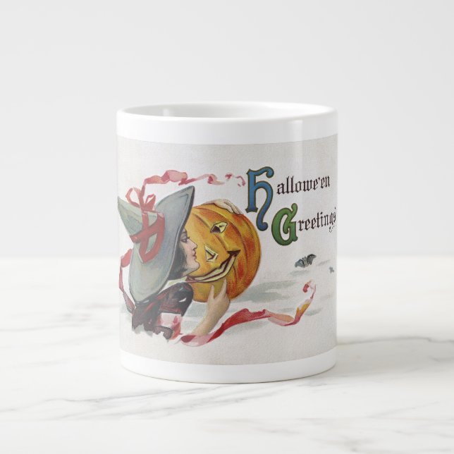 Caneca De Café Grande O Beijo da Bruxa: uma Abóbora no Halloween (Frente)