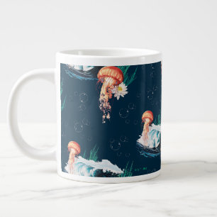 Caneca De Café Grande O padrão de águas-vivas do oceano Lotus Branco