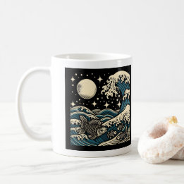 Caneca De Café Grande Onda de Peixe Noturna Estrelada em Xilograv