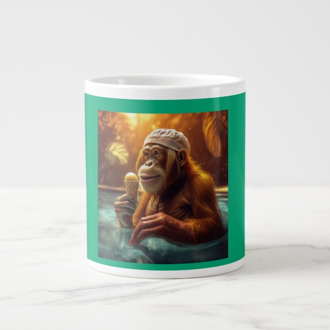 Caneca De Café Grande Orangutan Na Piscina Com Cone Sorvete (Frente)