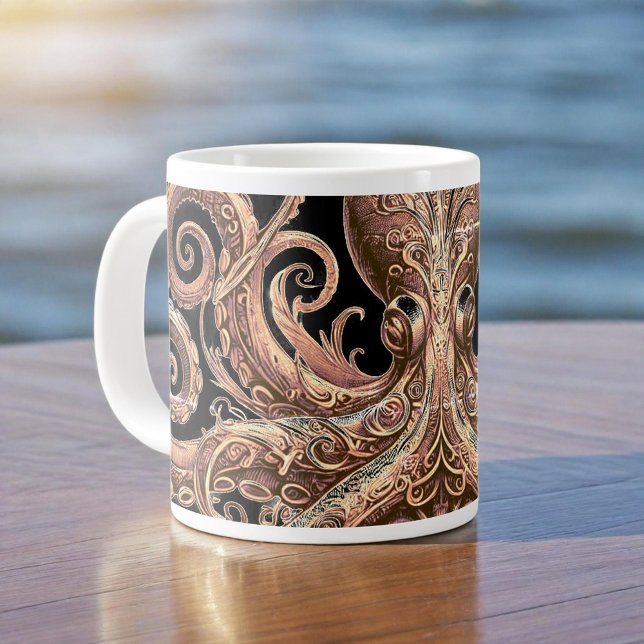 Caneca De Café Grande Ornamentado de polvo Kraken Steampunk Dourado e pr (Criador carregado)