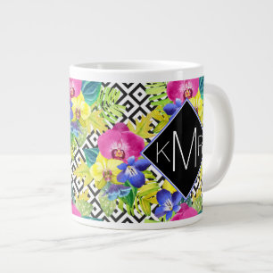 Caneca De Café Grande Orquídea Begonia E Folhas De Palma Monograma
