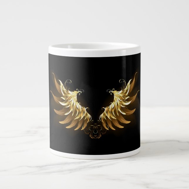 Caneca De Café Grande Ouro Angel Wings sobre fundo preto (Frente)