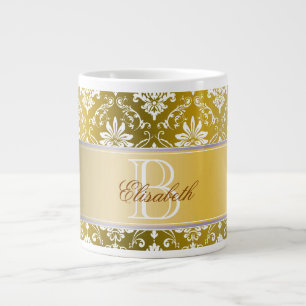 Caneca De Café Grande Ouro Monograma - Damasco Amarelo e Branco