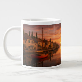 Caneca De Café Grande Ouro Sunset Sobre Vila Costeira