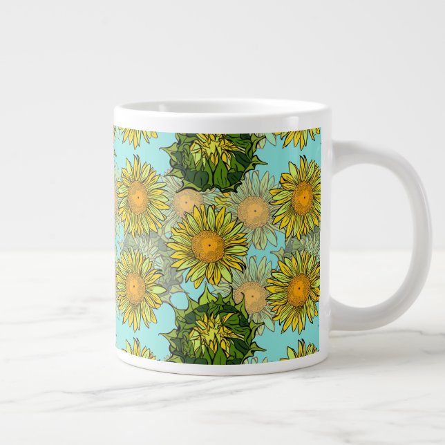 Caneca De Café Grande Padrão Amarelo de Girassóis com Folhagem e Buds (Direita)
