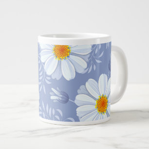 Caneca De Café Grande Padrão Azul Primavera de Flor Branco