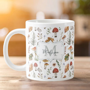 Caneca De Café Grande Padrão Botânico de Cogumelo Samambaia em Aquarela 