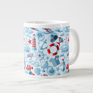 Caneca De Café Grande Padrão Branco E Azul Náutico