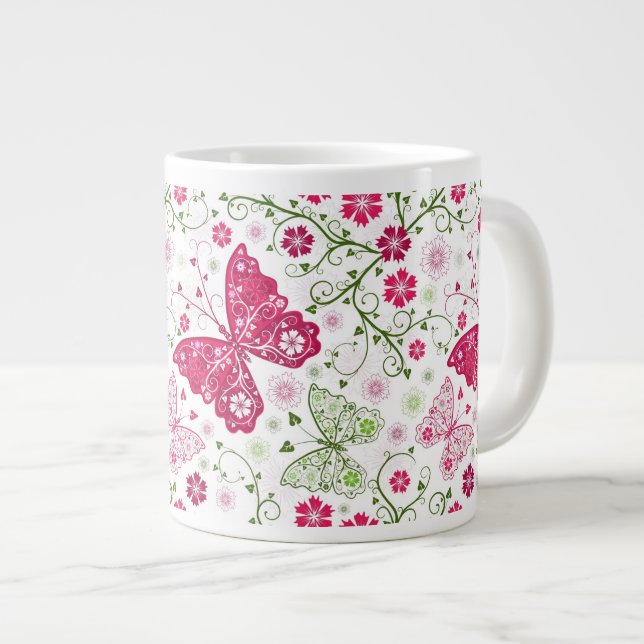 Caneca De Café Grande Padrão Branco Floral (Frente Esquerda)