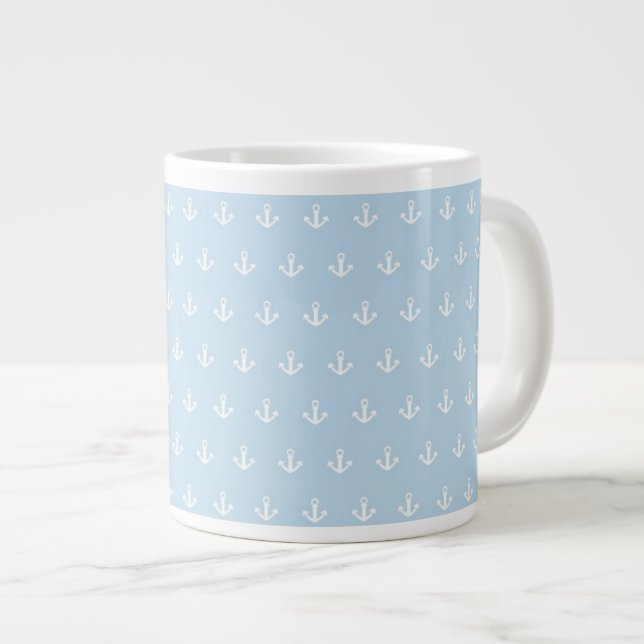 Caneca De Café Grande Padrão com âncoras brancas em azul (Frente Esquerda)