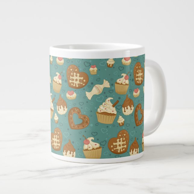 Caneca De Café Grande Padrão com cupcakes e doces (Frente Esquerda)