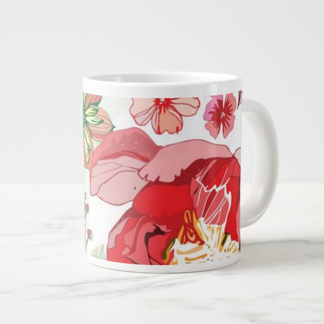 Caneca De Café Grande Padrão com flores vermelhas (Frente Esquerda)