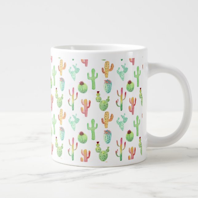 Caneca De Café Grande Padrão de Aquarela Cactus Pastel (Direita)