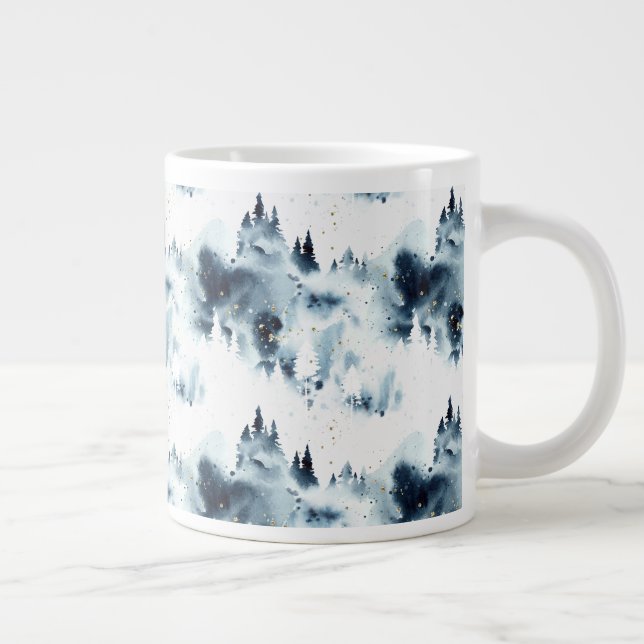Caneca De Café Grande Padrão de Aquarela da Floresta Azul da Meia-Noite (Direita)