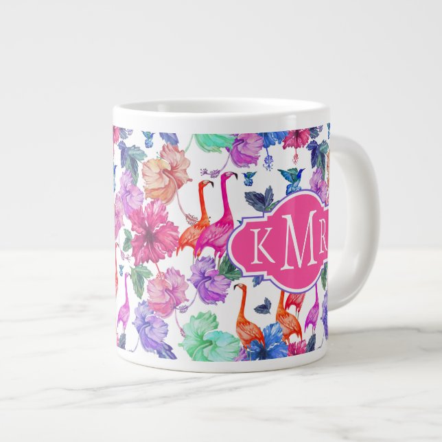 Caneca De Café Grande Padrão de Aquarela Tropical| Monograma (Frente Esquerda)