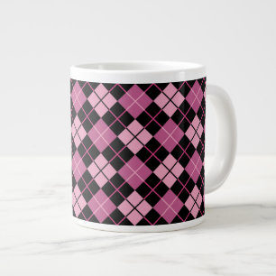 Caneca De Café Grande Padrão de Argyle em Preto e Rosa