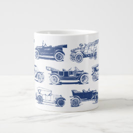 Caneca De Café Grande Padrão de Carro vintage Branco Azul do Antigo Temp