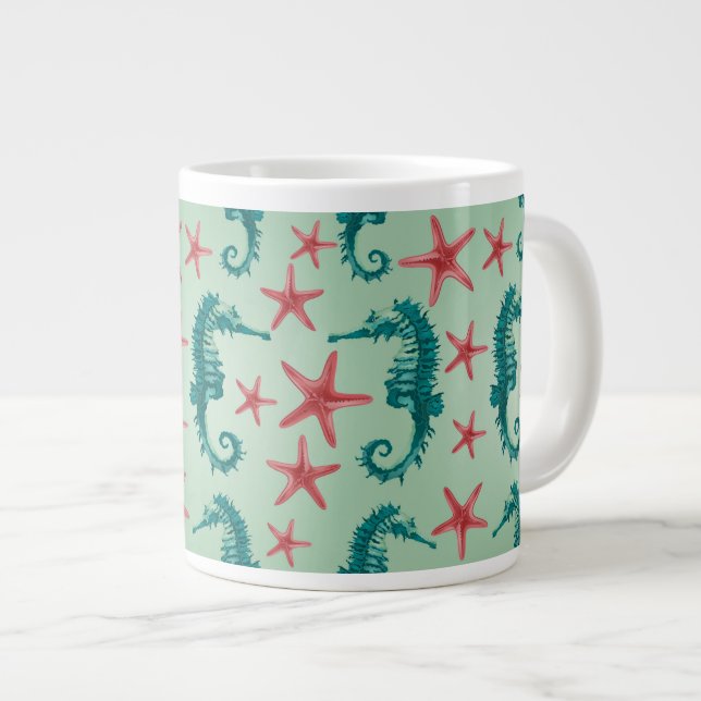 Caneca De Café Grande Padrão de Cavalo-marinho Teal 2 (Frente Esquerda)