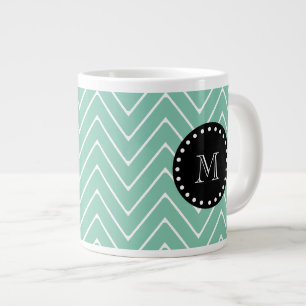 Caneca De Café Grande Padrão de Chevron Verde Mint  Monograma Preto